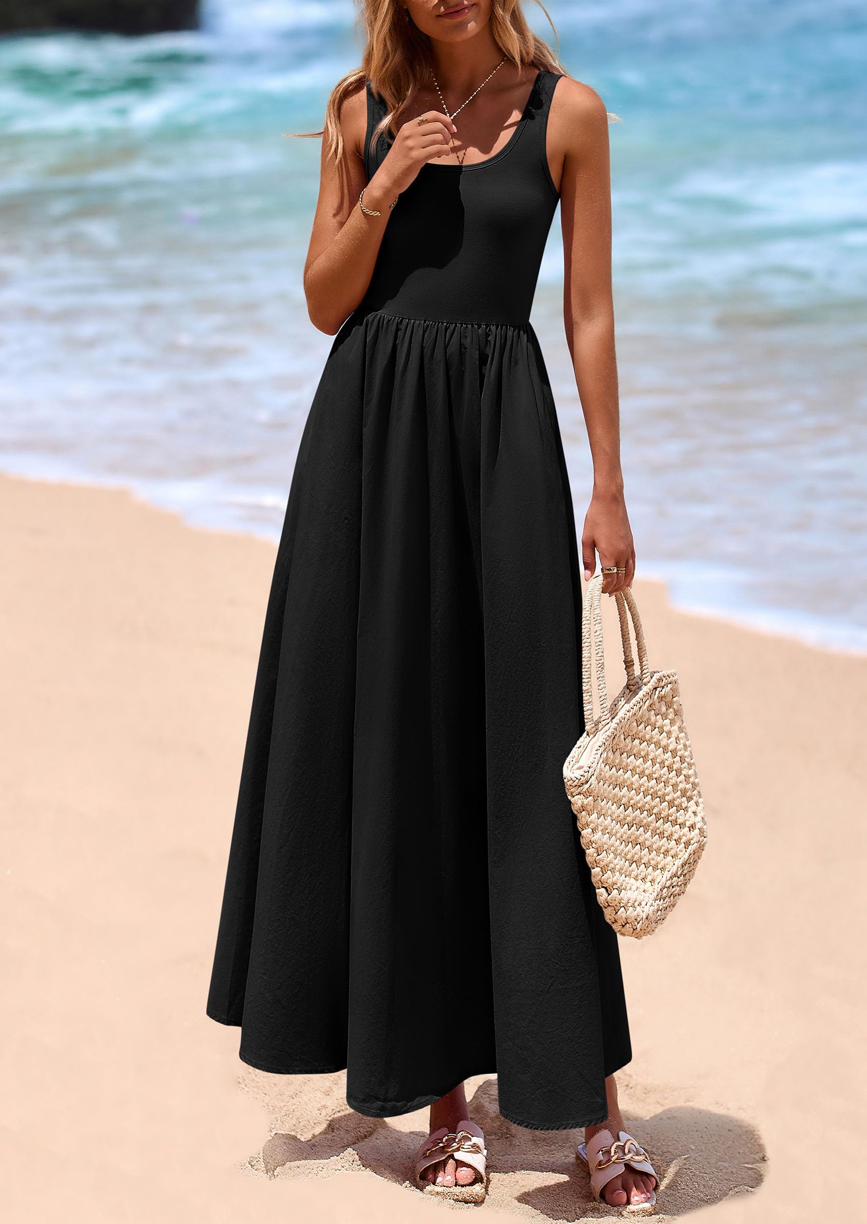 PRETTYGARDEN Womens Summer Casual Scoop Neck Sleeveless Long Dresses Tank Top Patchwork Aline Swing Maxi Dress with Pockets