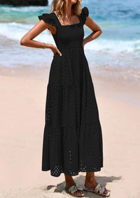 PRETTYGARDEN Womens Square Neck Maxi Dresses Cap Sleeve Eyelet Smocked Tiered A Line Flowy Long Dress with Pockets