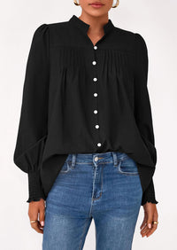 PRETTYGARDEN Womens Fall Lantern Long Sleeve Shirts Trendy Button V Neck Pleated Henley Tops Loose Work Blouses