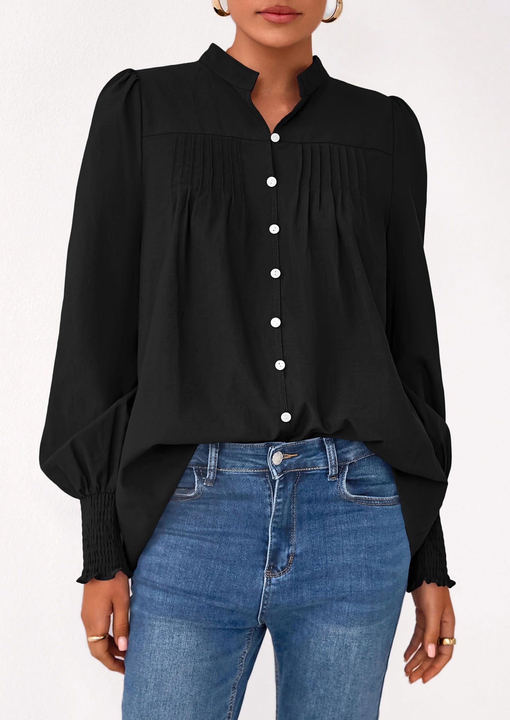 PRETTYGARDEN Womens Fall Lantern Long Sleeve Shirts Trendy Button V Neck Pleated Henley Tops Loose Work Blouses