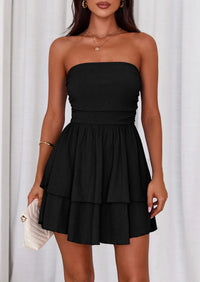 PRETTYGARDEN Women's Summer Strapless Tube Mini Dress Off Shoulder Smocked Ruffle A Line Flowy Short Party Club Dresses