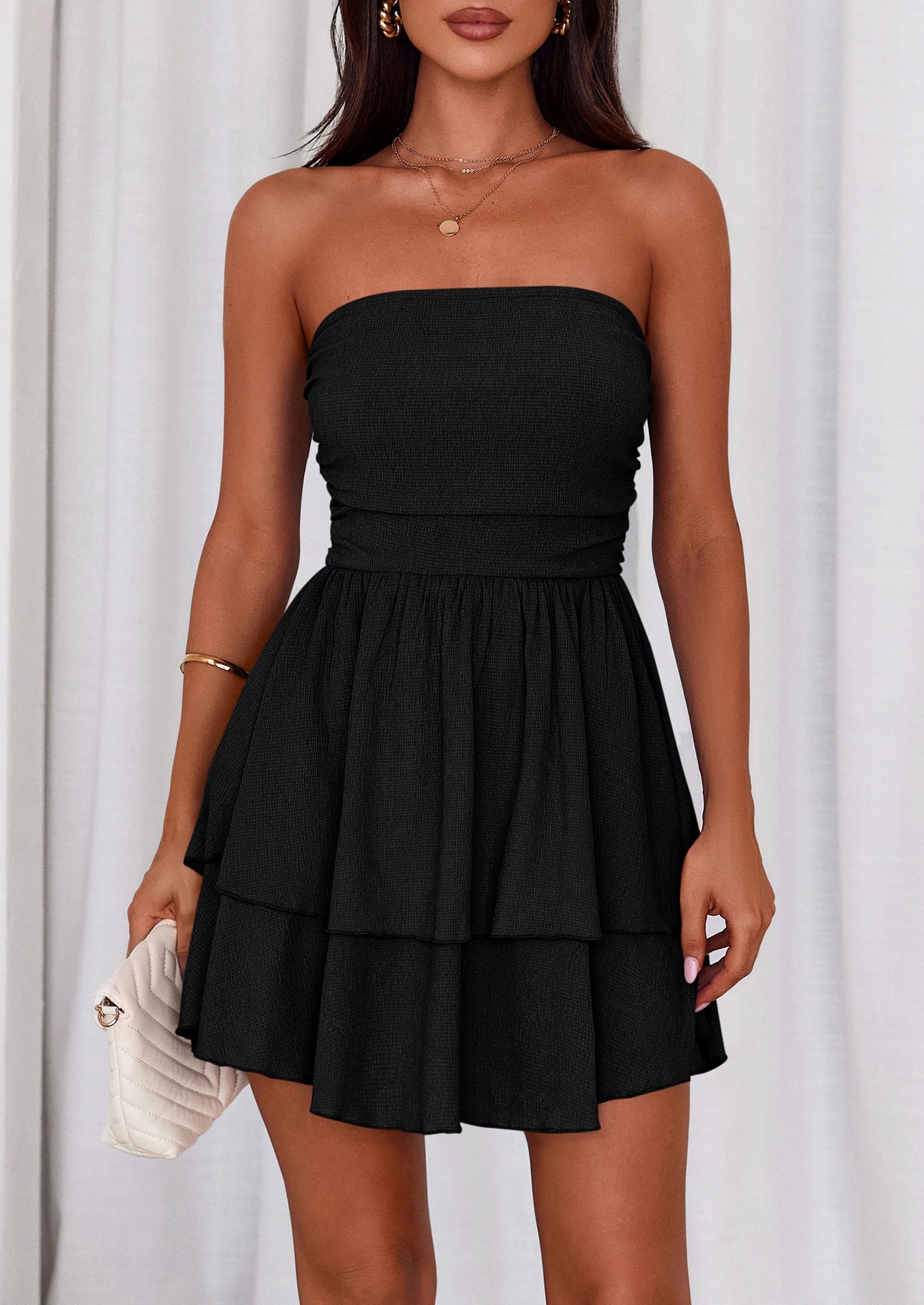 PRETTYGARDEN Women's Summer Strapless Tube Mini Dress Off Shoulder Smocked Ruffle A Line Flowy Short Party Club Dresses