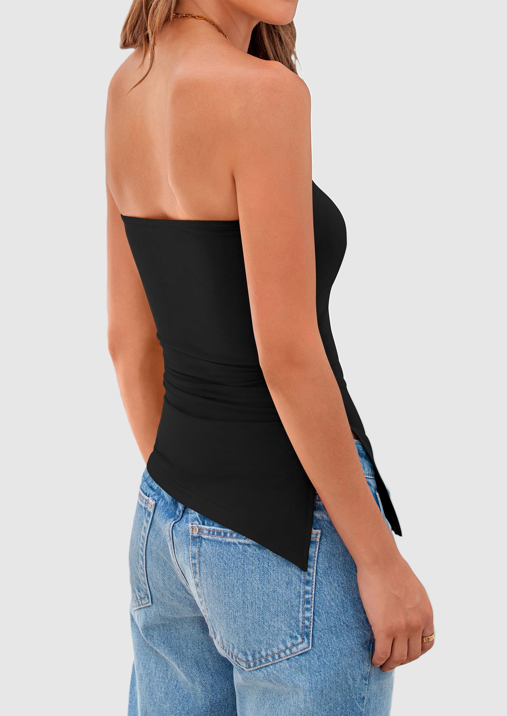 PRETTYGARDEN Womens Summer Tube Tops Trendy Strapless Ruched Going Out Tops Outfits Asymmetrical Bandeau Shirts