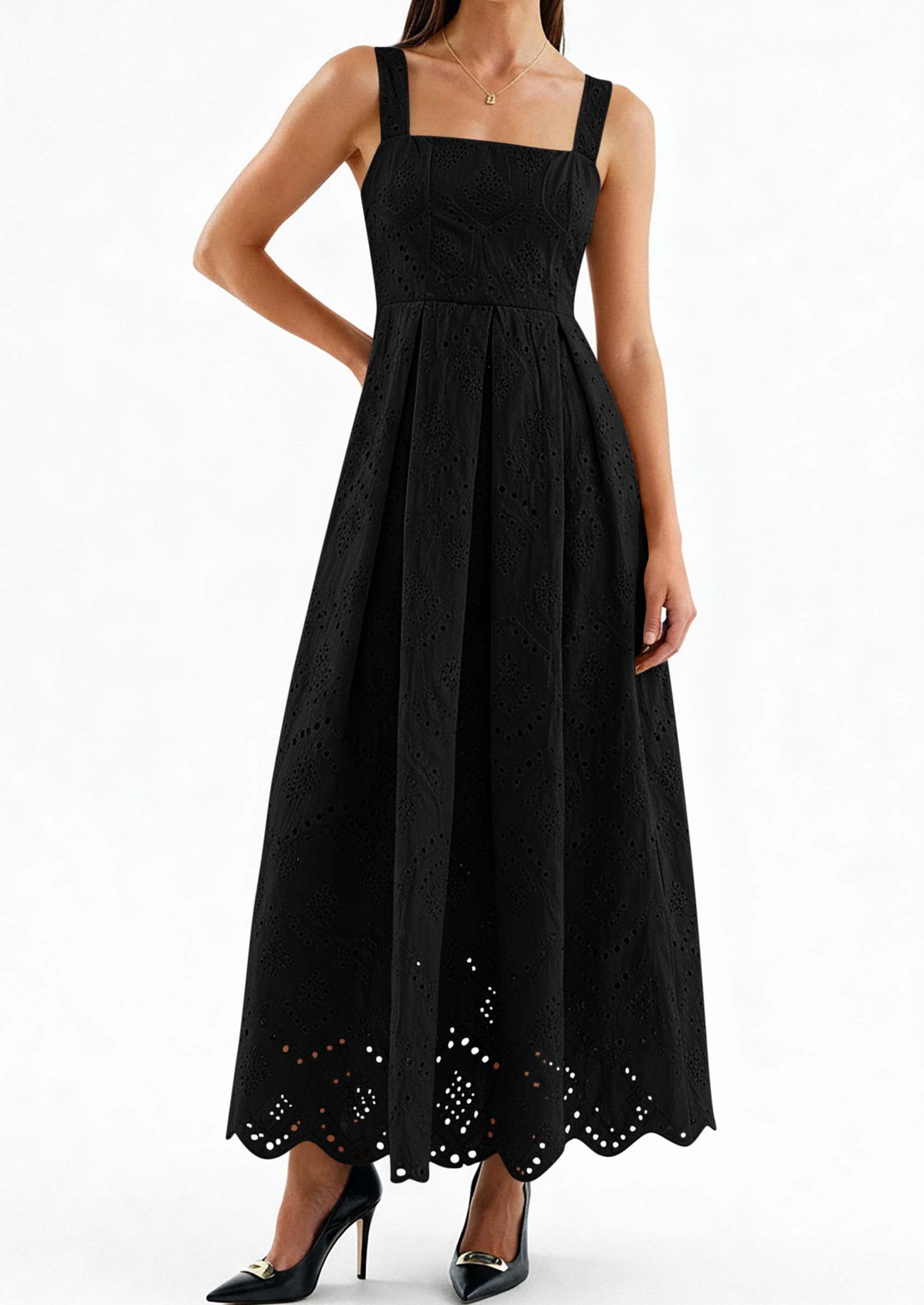 PRETTYGARDEN Womens Sleeveless Maxi Summer Dresses Hollow Out Eyelet Square Neck Ruffle Flowy Beach Vacation Sundress PRETTYGARDEN