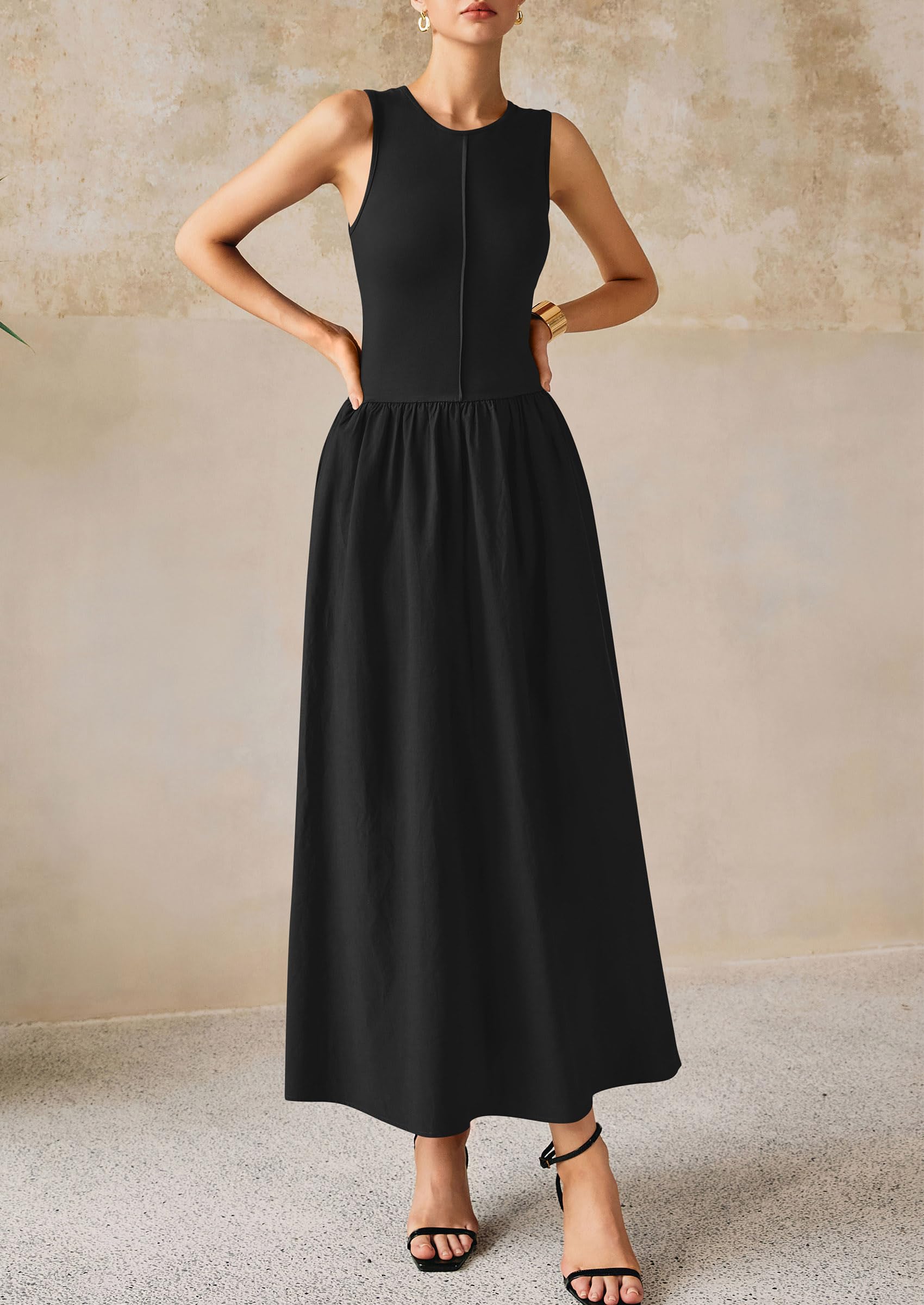 PRETTYGARDEN Women Maxi Dresses Casual Sleeveless Patchwork Knit Tank Dress Flowy Beach Sundress Long Dress