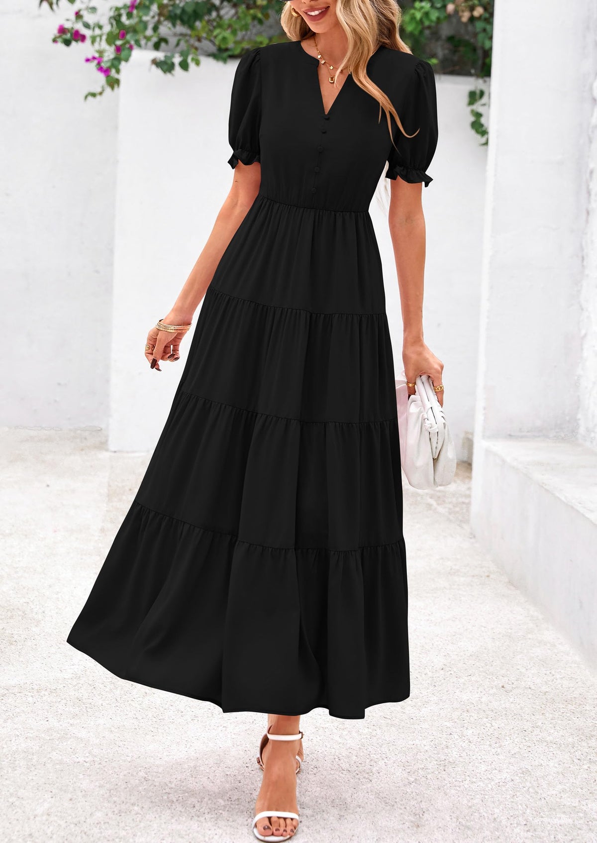 Women's Casual Summer Maxi Dress 2025 Spring Short Sleeve V Neck Tiered Flowy Beach Vacation Dress with Pockets