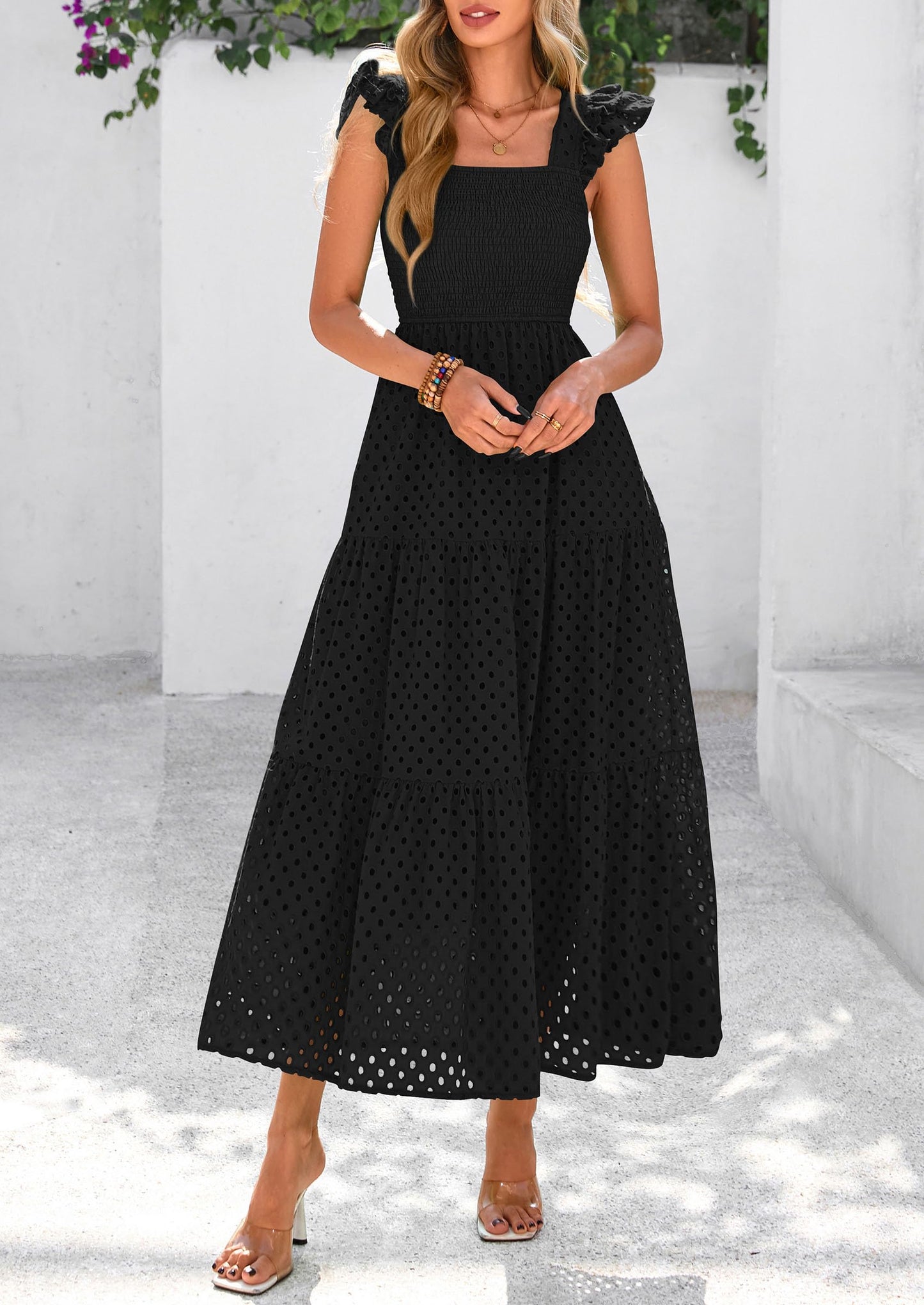 Womens Summer Square Neck Maxi Dresses Cap Sleeve Eyelet Smocked Tiered A Line Flowy Long Dress with Pockets