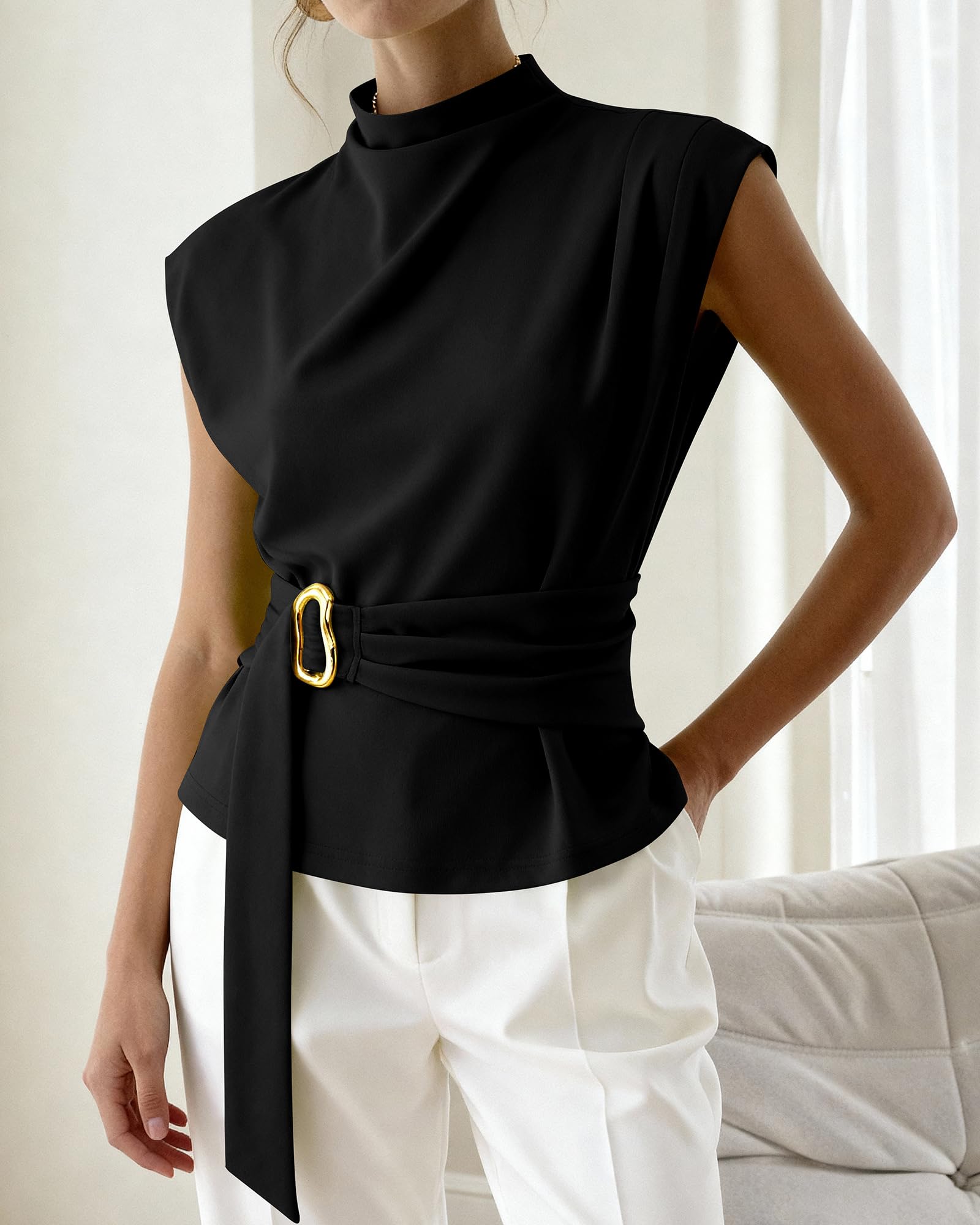 PRETTYGARDEN Women Blouses Spring Dressy Cap Sleeve Mock Neck Work Shirts Buckle Tunic Summer Business Casual Tops PRETTYGARDEN