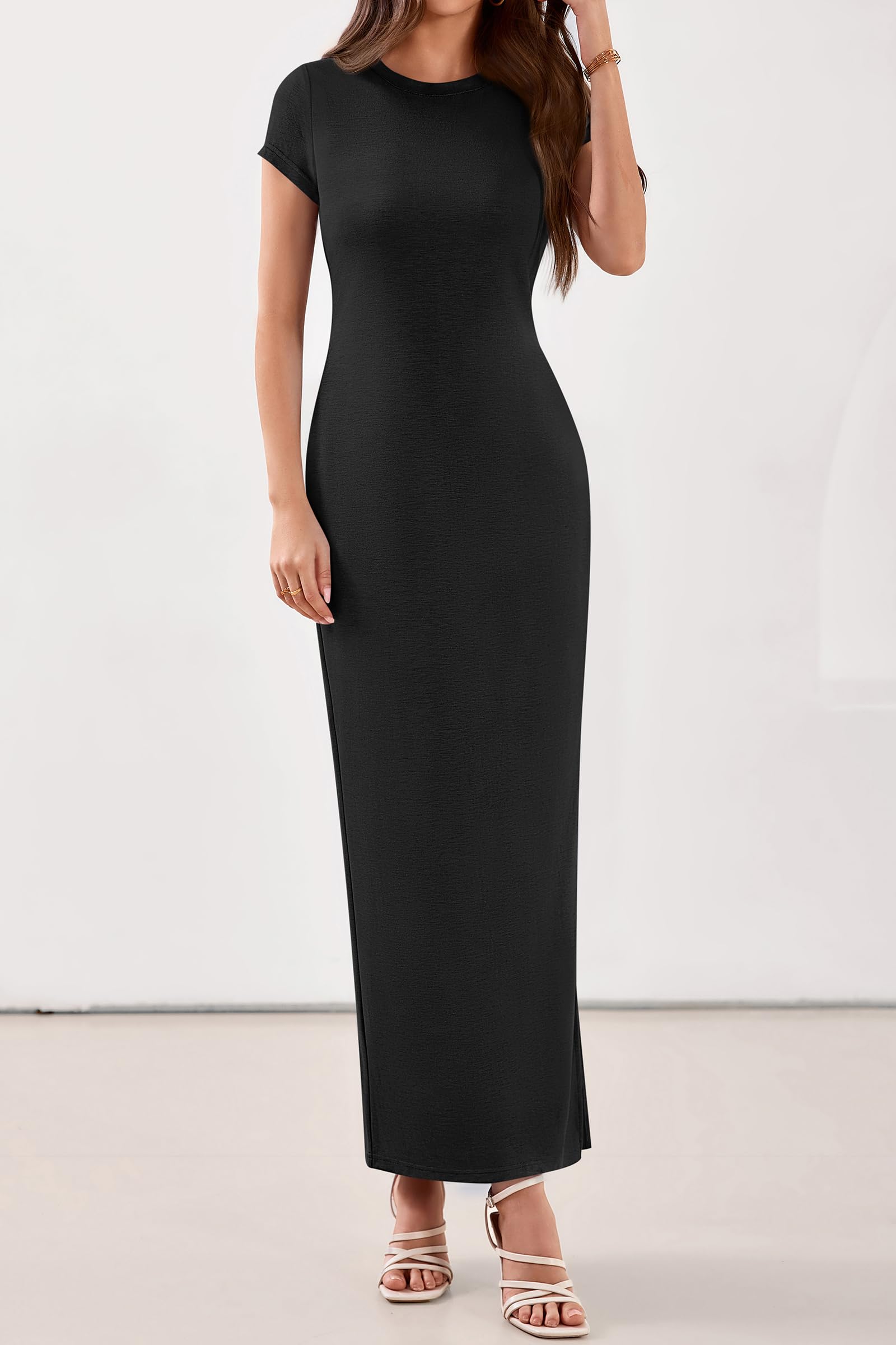 PRETTYGARDEN Womens Summer Maxi Dresses Casual Short Sleeve Crewneck Knit Slit T Shirt Dress Spring Long Beach Sundress PRETTYGARDEN