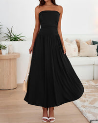 BTFBM Summer Maxi Dresses for Women Strapless Ruched Tube Top Beach Vacation Spring Wedding Guest Dress Pockets PRETTYGARDEN