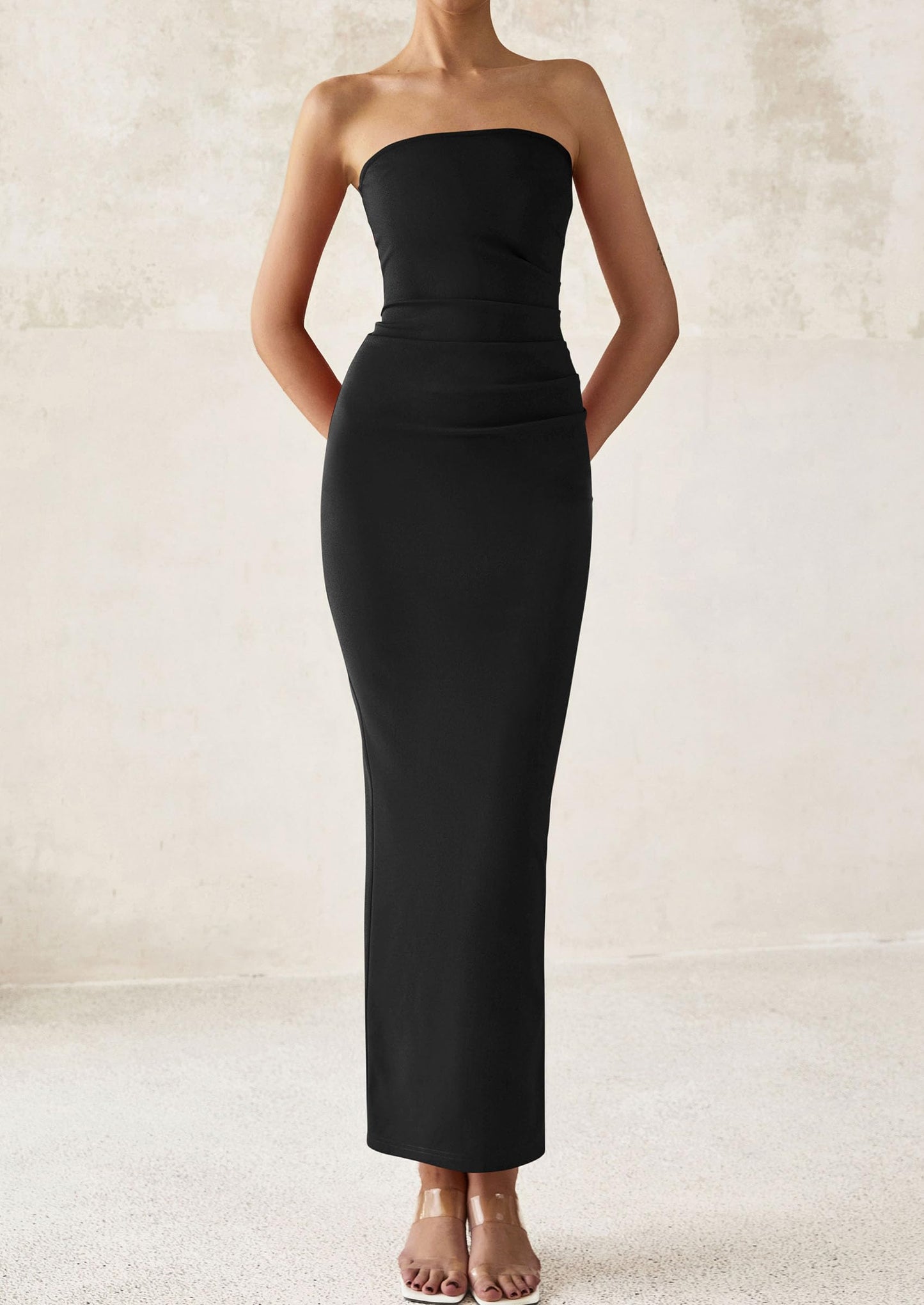 Women's Summer Semi Formal Cocktail Dresses Strapless Tube Bodycon Ruched Slit Evening Wedding Guest Maxi Dress