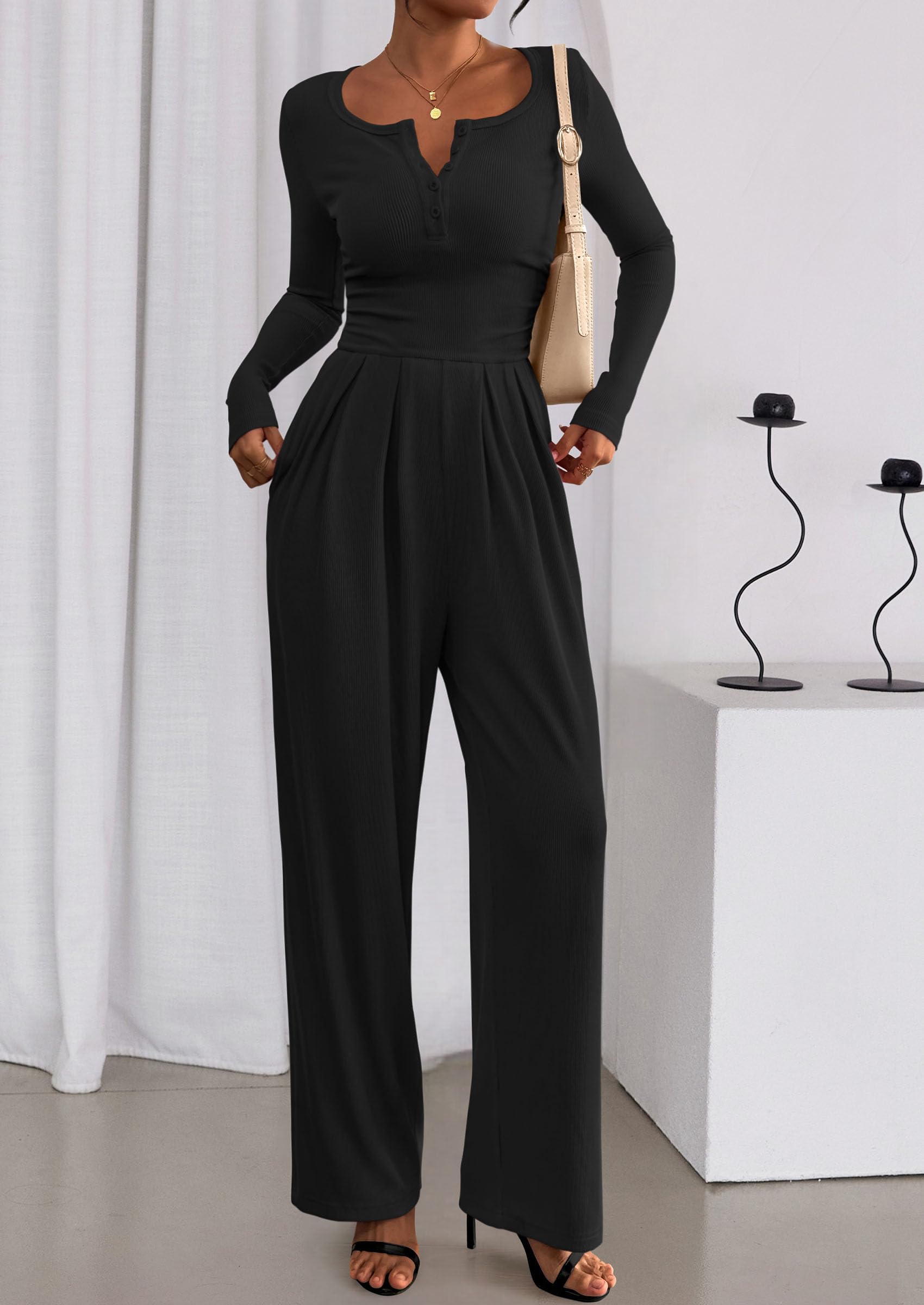 PRETTYGARDEN Jumpsuits for Women Dressy Casual Fall One Piece Outfits Long Sleeve Crew Neck Wide Leg Pants Rompers
