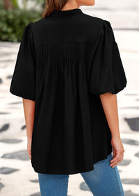 Women's 2025 Summer Short Lantern Sleeve Tops Loose Fit Button Down Shirt Casual Pleated V Neck Blouses