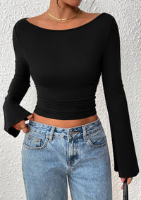 PRETTYGARDEN Women's Long Sleeve Shirts Fall Going Out Tops Casual Boat Neck Bell Sleeve Ribbed Ruched Y2K Clothes