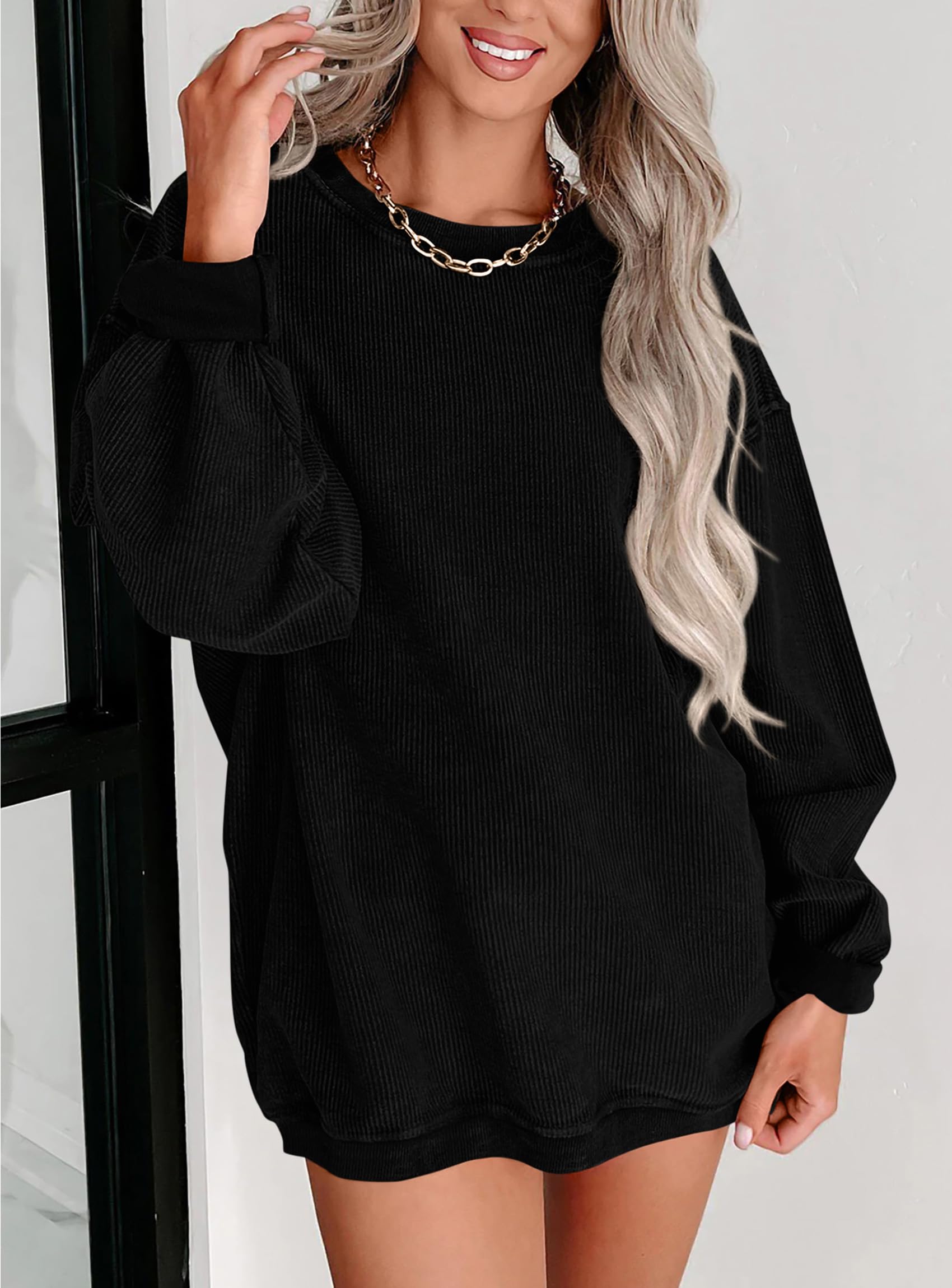 PRETTYGARDEN Women's Oversized Sweatshirt 2025 Fall Fashion Clothes Ribbed Corduroy Long Sleeve Going Out Pullover Tops