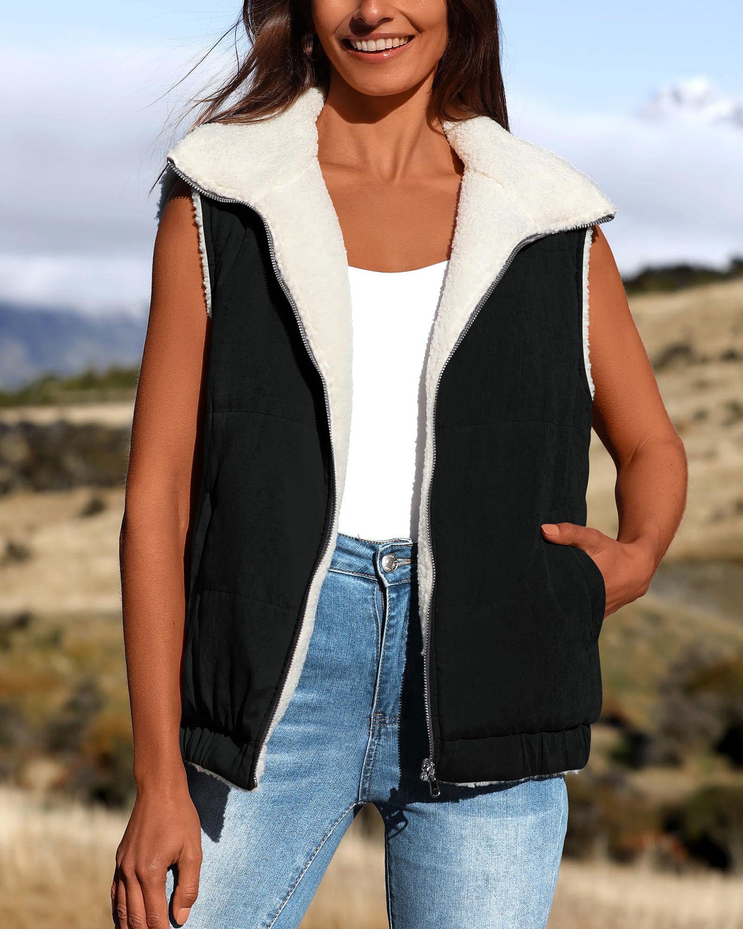 Sherpa Fleece Vest Zip Up Sleeveless Reversible Winter Warm Puffer Jacket Outerwear