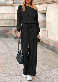 PRETTYGARDEN Long Sleeve Jumpsuit For Women Dressy Off Shoulder One Piece Loose Wide Leg Jumpsuits Casual Flowy Romper