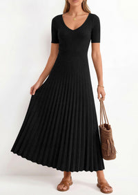 PRETTYGARDEN Women's Spring Midi Sweater Dresses Elegant Pleated Ribbed Knit Short Sleeve V Neck A Line Summer Outfits PRETTYGARDEN