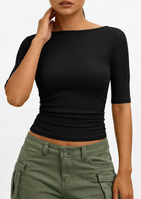 PRETTYGARDEN Womens Summer Short Sleeve Tops Boat Neck Ribbed Knit Slim Fit T Shirt Casual Basic Top Spring Clothes PRETTYGARDEN