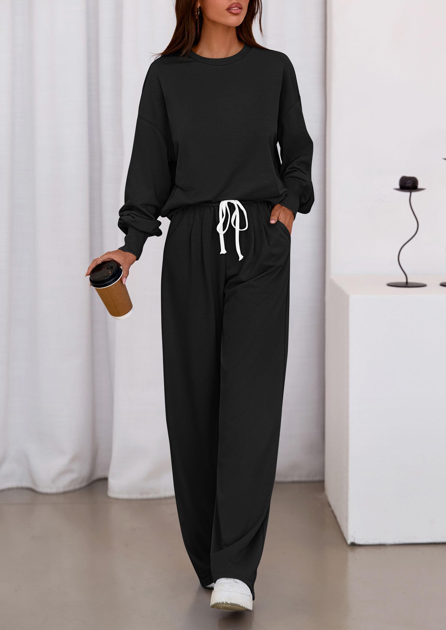 PRETTYGARDEN Womens 2 Piece Sets Long Sleeve Sweatshirt Wide Leg Pants Loose Matching Lounge Set Trendy Fall Outfits