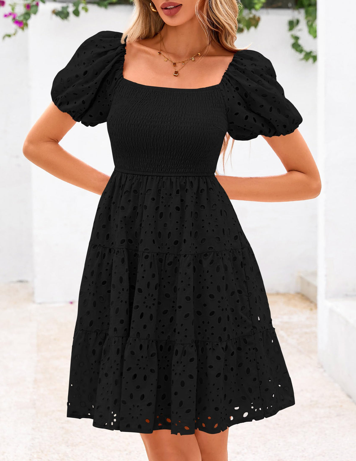 Womens Summer Puff Sleeve Mini Dress Off Shoulder Eyelet Smocked A Line Casual Babydoll Short Dresses