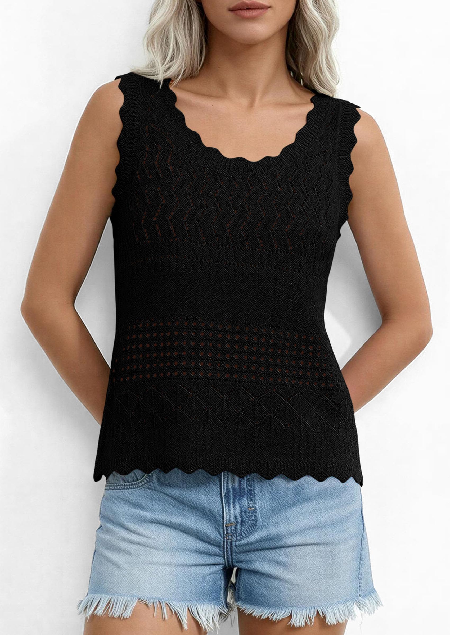 PRETTYGARDEN Womens Crochet Tank Tops Summer Spring Boho Sleeveless Cute Knit Sweater Vest Trendy Beach Vacation Clothes PRETTYGARDEN