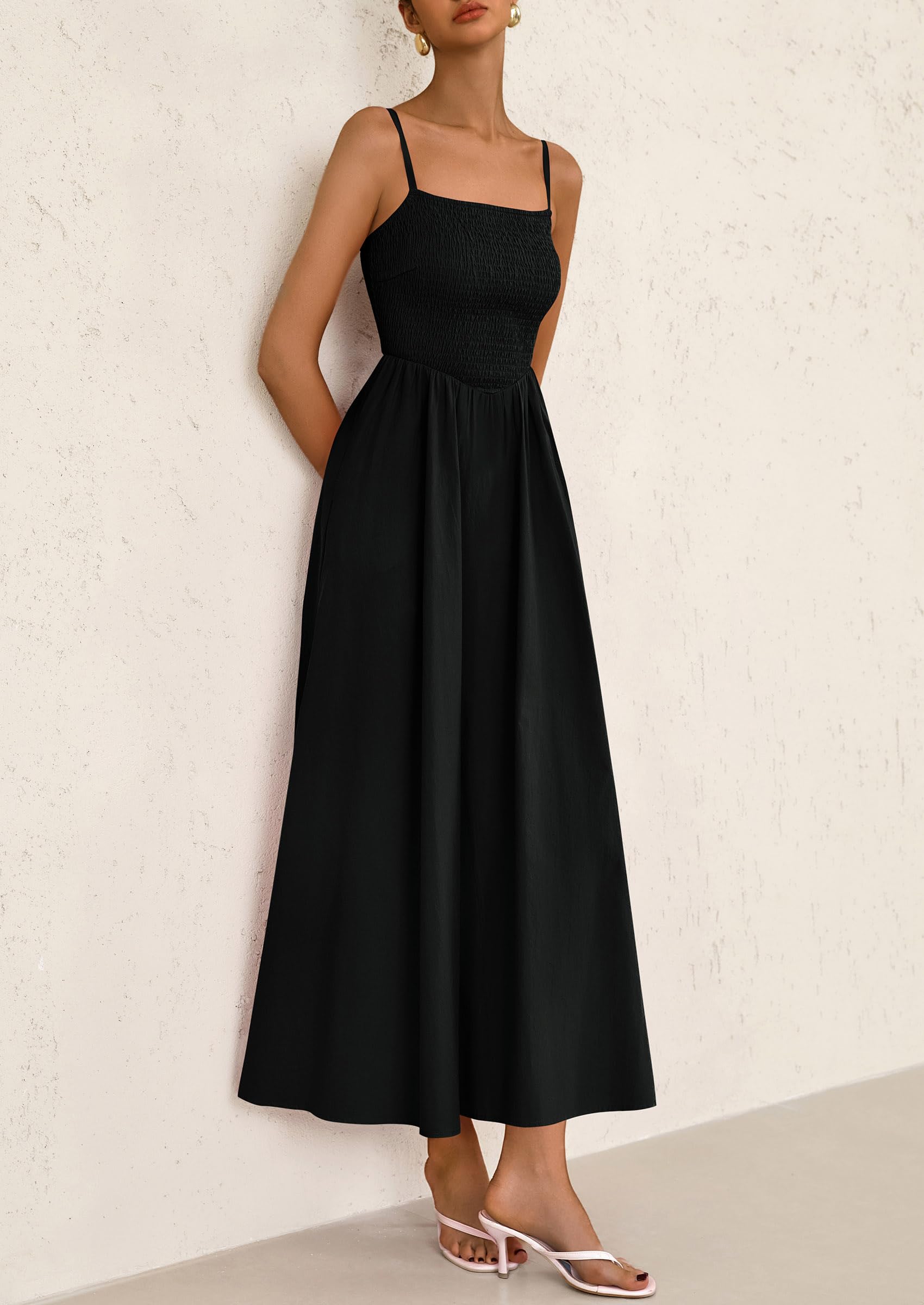 PRETTYGARDEN Women's Smocked Maxi Dresses Beach Sundress Casual Spaghetti Strap Swing A Line Long Flowy Dress