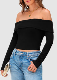 Off The Shoulder Top for Women 2025 Long Sleeve Shirts Trendy Going Out Crop Tops Spring Fashion Clothes