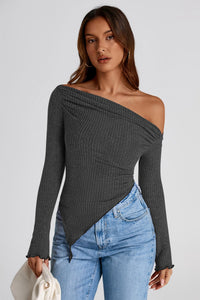 Long Sleeve Y2K Crop Top Trendy Off Shoulder Asymmetrical Fitted Knit Tee Shirts Going Out Tops