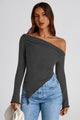 Long Sleeve Y2K Crop Top Trendy Off Shoulder Asymmetrical Fitted Knit Tee Shirts Going Out Tops