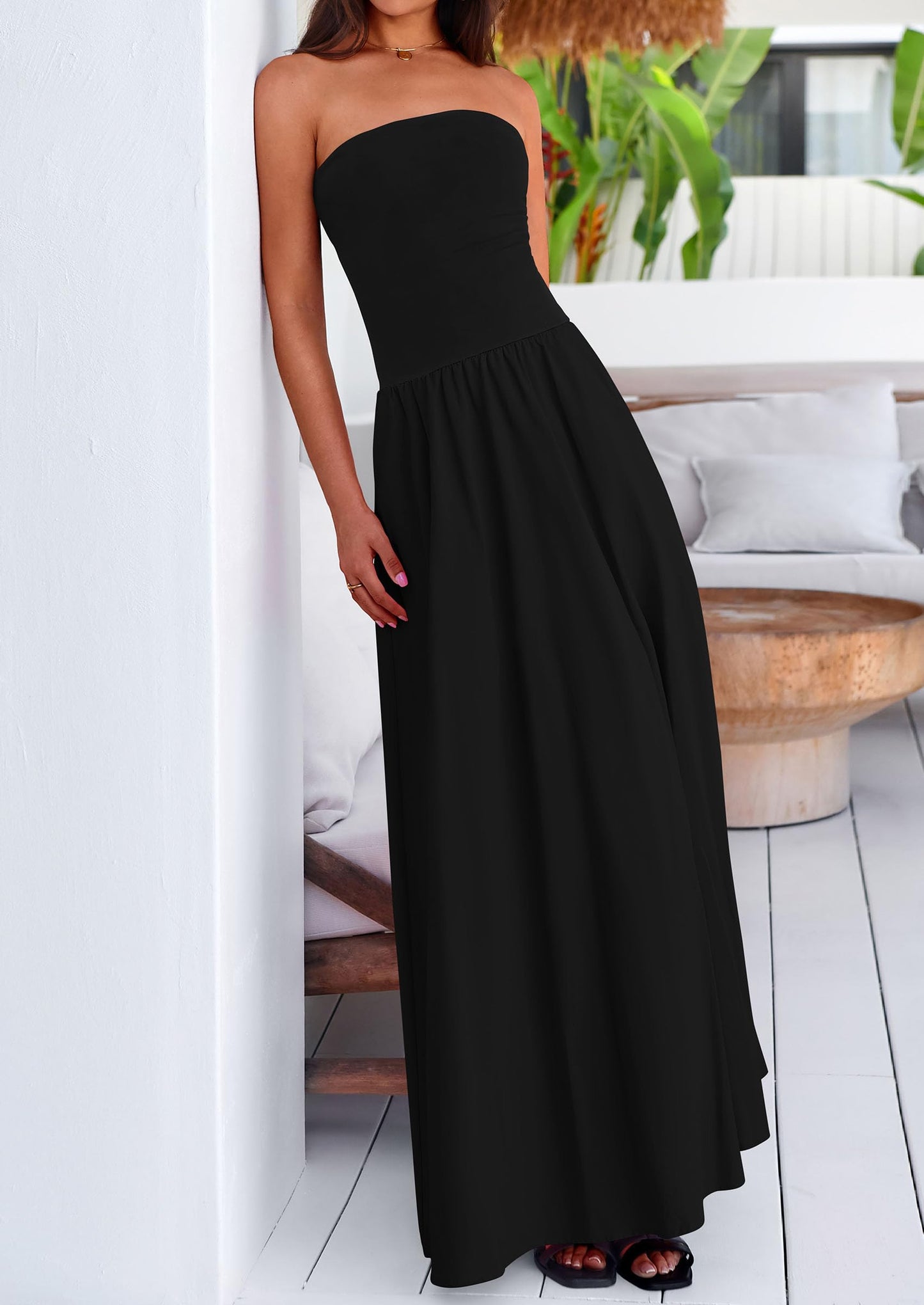 Women's 2025 Summer Strapless Maxi Dresses Patchwork Long Flowy Elegant Going Out Tube Top Dress with Pockets