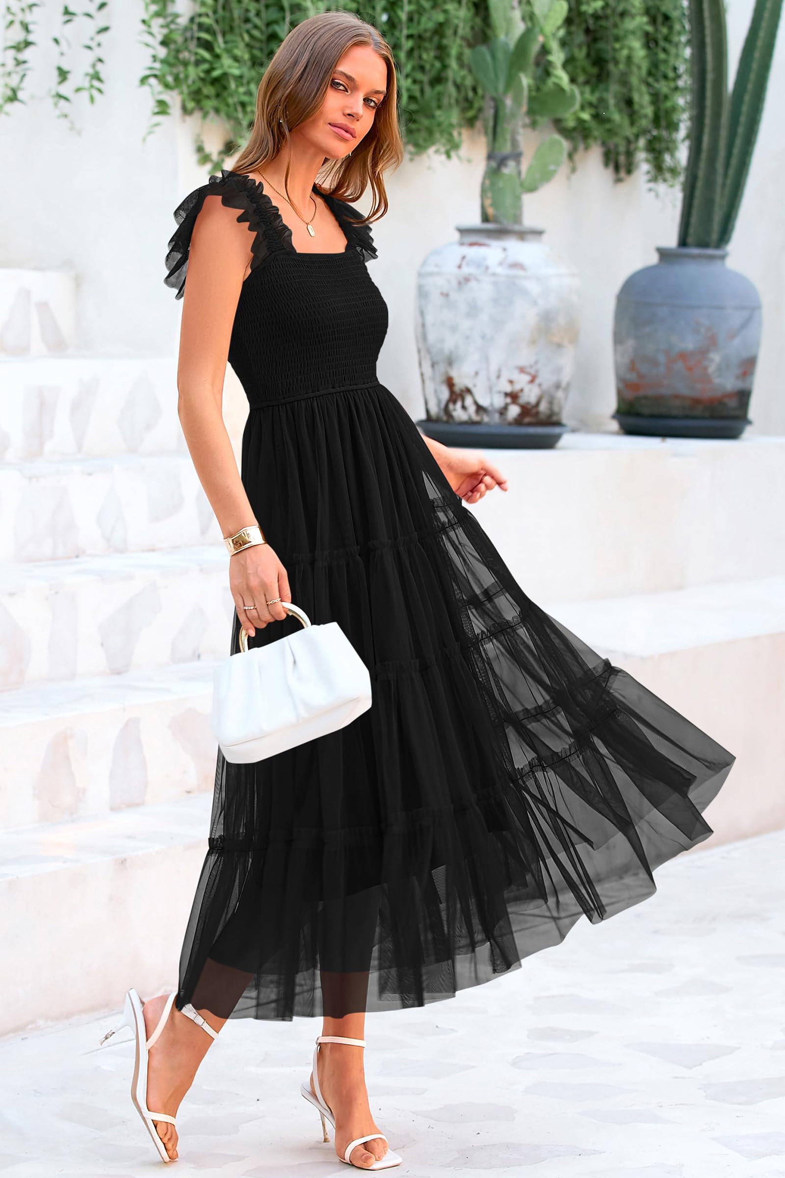 PRETTYGARDEN Women's Tulle Midi Dress Sleeveless Smocked Ruffle Mesh F PRETTYGARDEN Women's Tulle Midi Dress Sleeveless Smocked Ruffle Mesh F