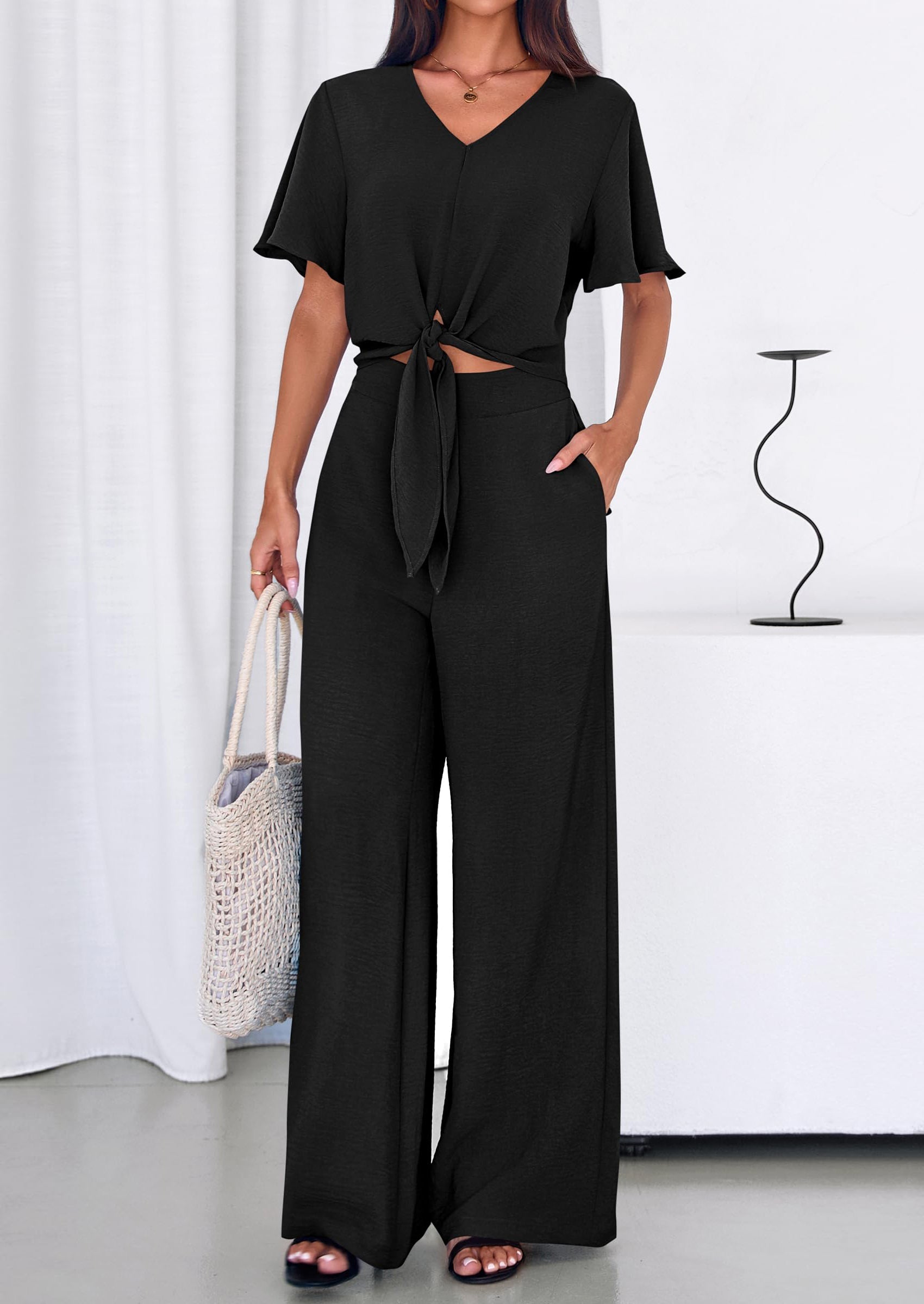 PRETTYGARDEN Women 2 Piece Summer Outfits Short Sleeve Strappy Top Wide Leg Pants Tracksuit Lounge Sets Beach Clothes PRETTYGARDEN