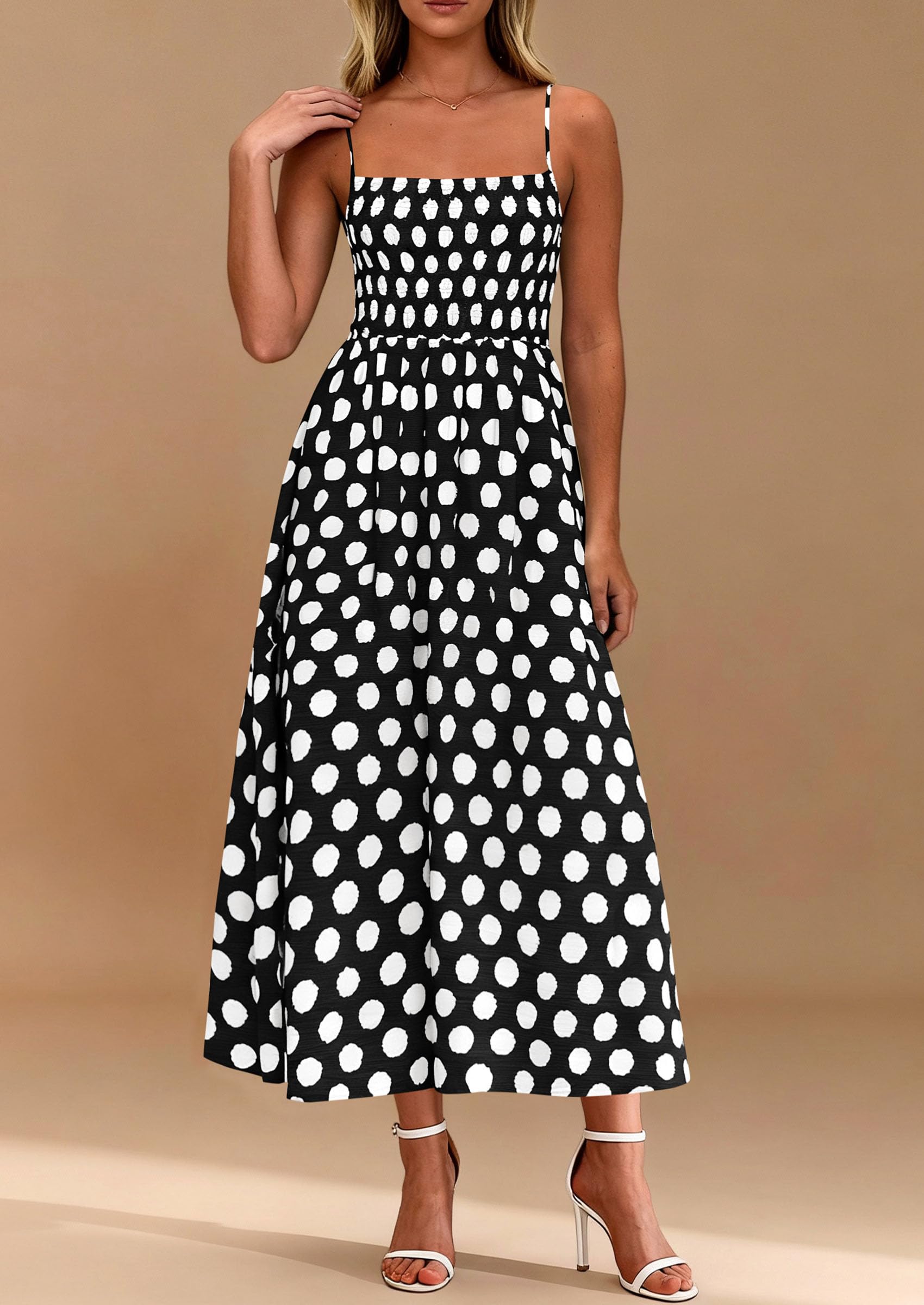 PRETTYGARDEN Womens Summer Dresses Spring Sleeveless Spaghetti Straps Casual Midi Dress Polka Dot Smocked Beach Sundress PRETTYGARDEN