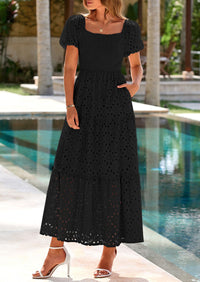 PRETTYGARDEN Dresses for Women Eyelet Square Neck Puff Sleeve Smocked Wedding Guest Maxi Dress with Pockets