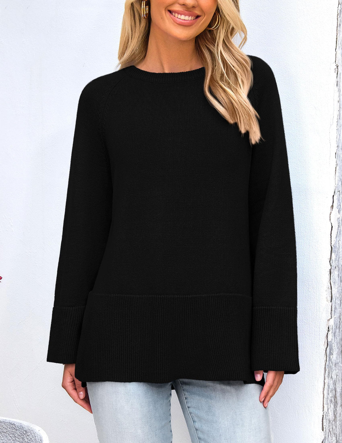 Women's Fall Knit Sweaters Long Sleeve Pullover Crewneck Split Hem Loose Oversized Tunic Sweater Top