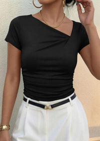 PRETTYGARDEN Women's Summer Asymmetrical Y2K Tops Trendy Ribbed Short Sleeve Fitted Tee Shirts Spring Fashion Clothing PRETTYGARDEN