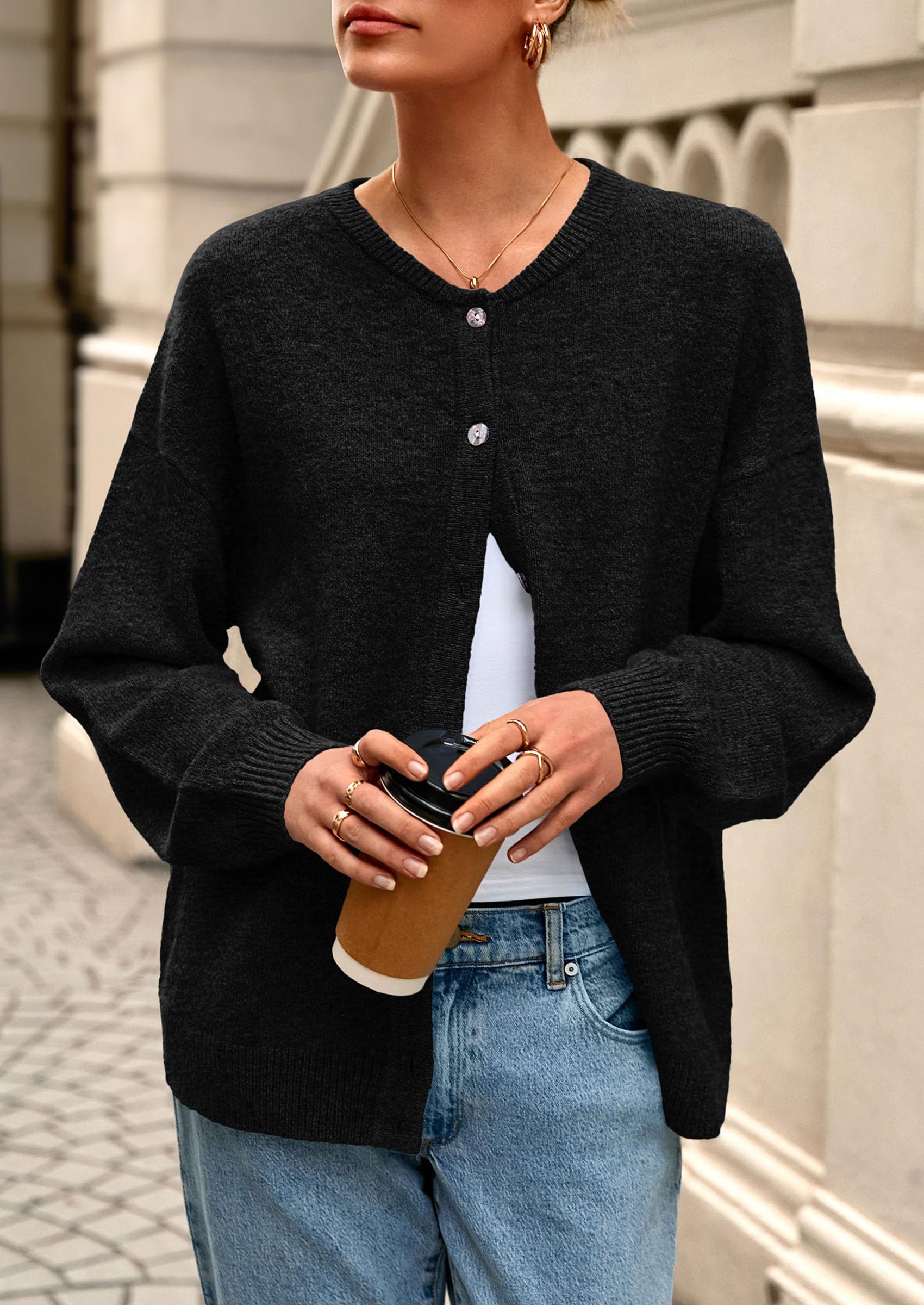 PRETTYGARDEN Fall Long Sleeve Cardigans for Women Trendy Open Front Winter Button Down Crewneck Soft Knit Sweater Jacket