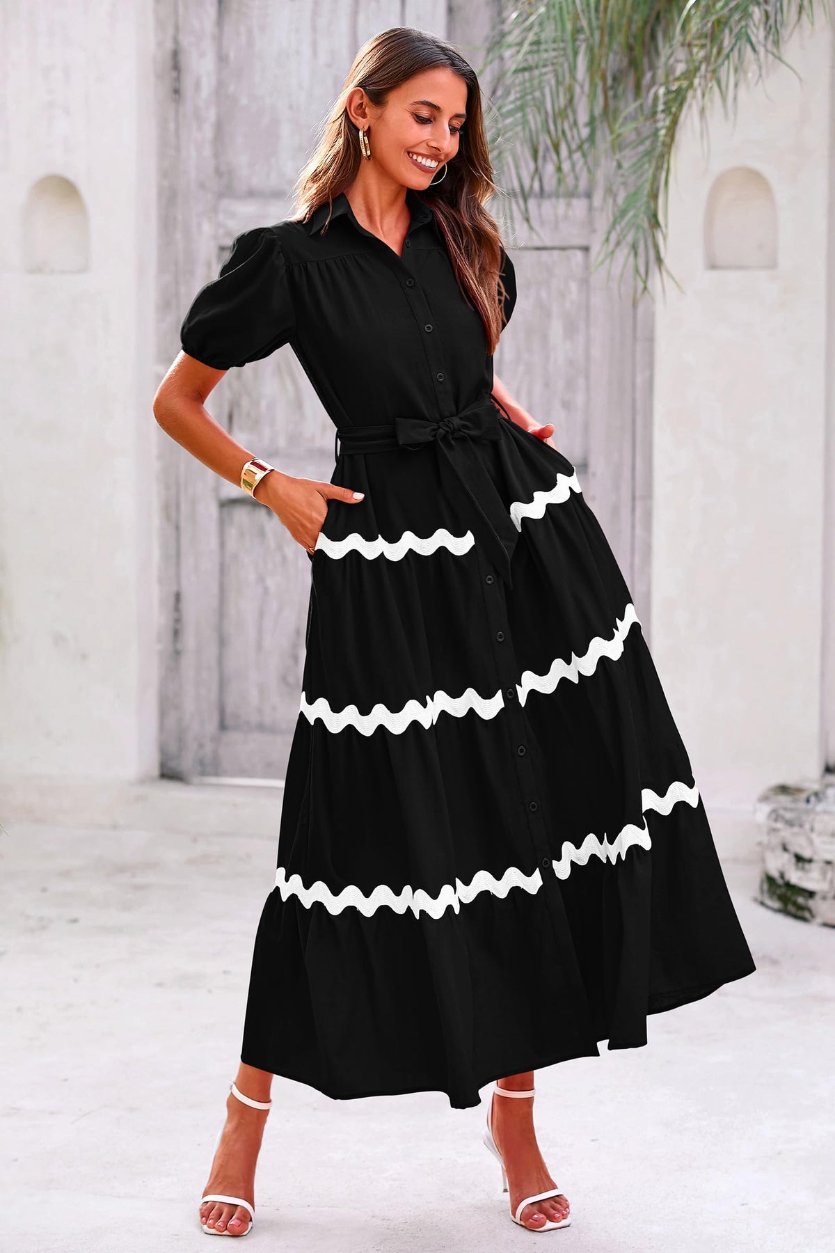 Summer Maxi Button Down Puff Short Sleeve Ruffle Long Flowy Shirt Dresses With Belt