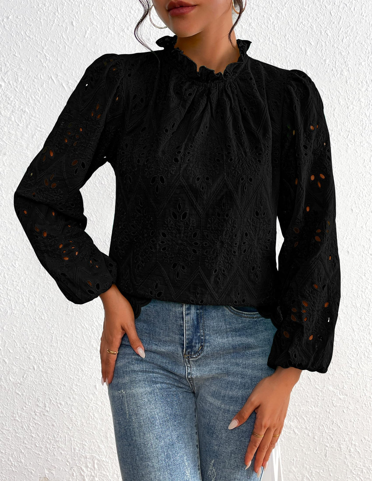 Womens Blouses Dressy Casual Embroidered Long Puff Sleeve Shirts Ruffle Eyelet Lace Top Fall Clothes