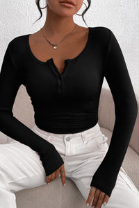 Long Sleeve Henley Button Down Ribbed Knit Slim Fit Blouse