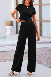 2 Piece Summer Knit Short Sleeve Crop Tops Wide Leg Pants Tracksuit