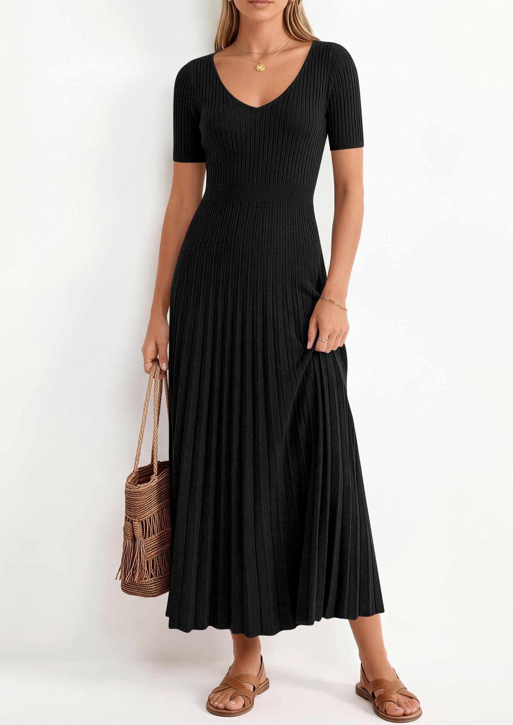 PRETTYGARDEN Women's Spring Midi Sweater Dresses Elegant Pleated Ribbed Knit Short Sleeve V Neck A Line Summer Outfits PRETTYGARDEN