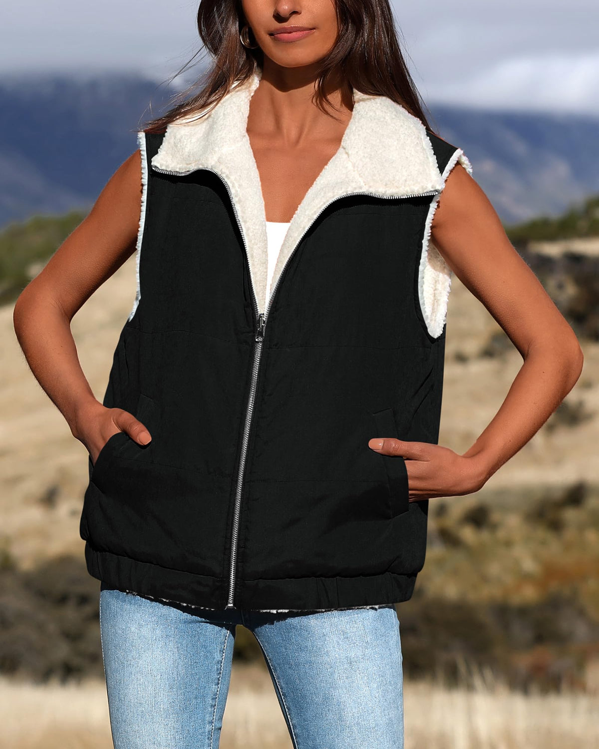 Sherpa Fleece Vest Zip Up Sleeveless Reversible Winter Warm Puffer Jacket Outerwear