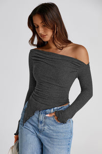 Long Sleeve Y2K Crop Top Trendy Off Shoulder Asymmetrical Fitted Knit Tee Shirts Going Out Tops