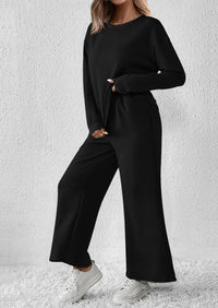 2 Piece Outfits Fall Casual Long Sleeve Pullover Tops and Wide Leg Pants Knitted Lounge Sets