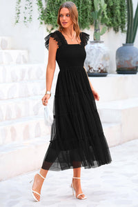 Summer Casual Sleeveless Smocked Ruffle Tulle Flowy Beach Sundress