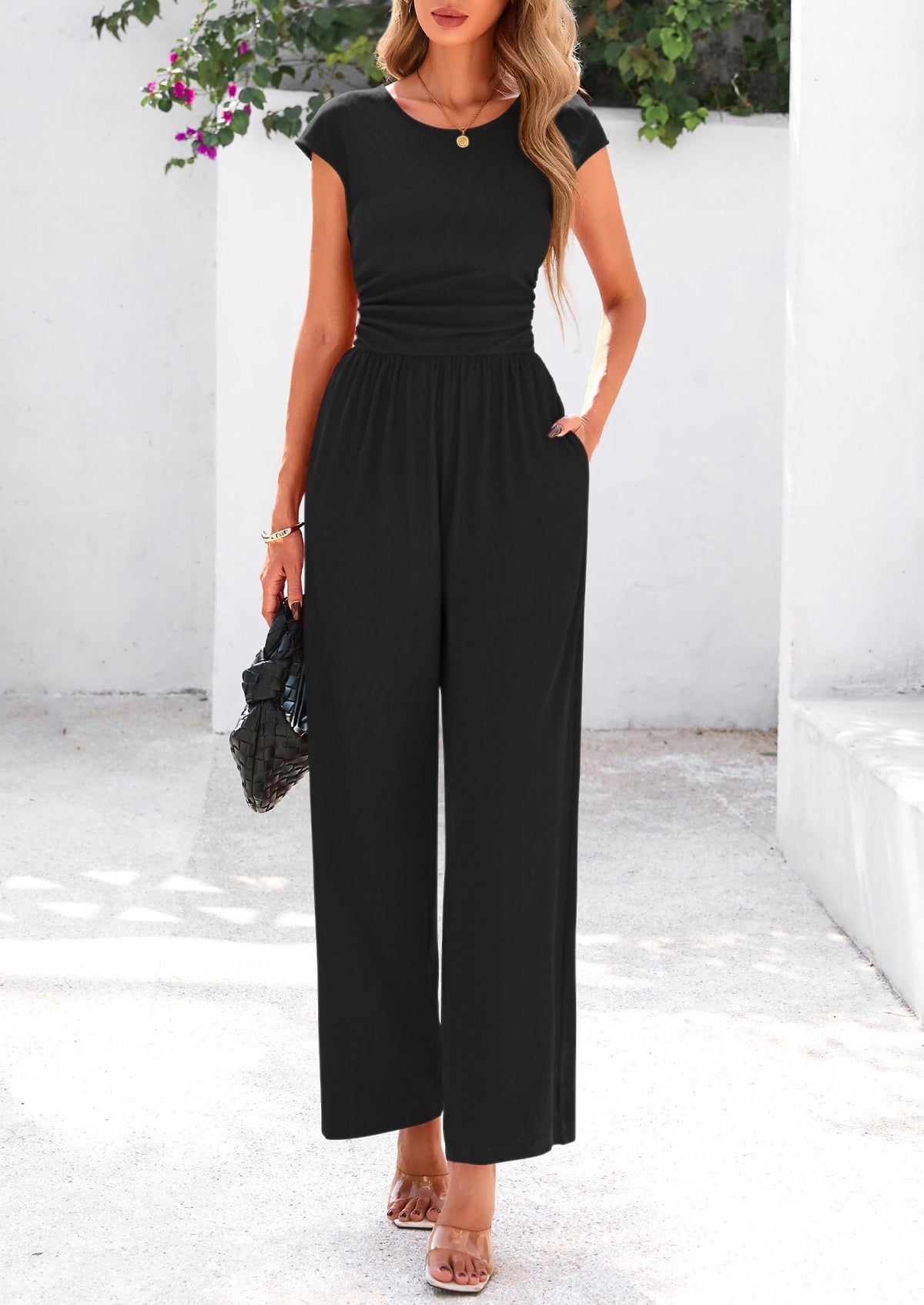 Summer Jumpsuits for Women Dressy Ribbed Cap Sleeve Wide Leg Pants Rompers Elegant Casual One Piece Outfits