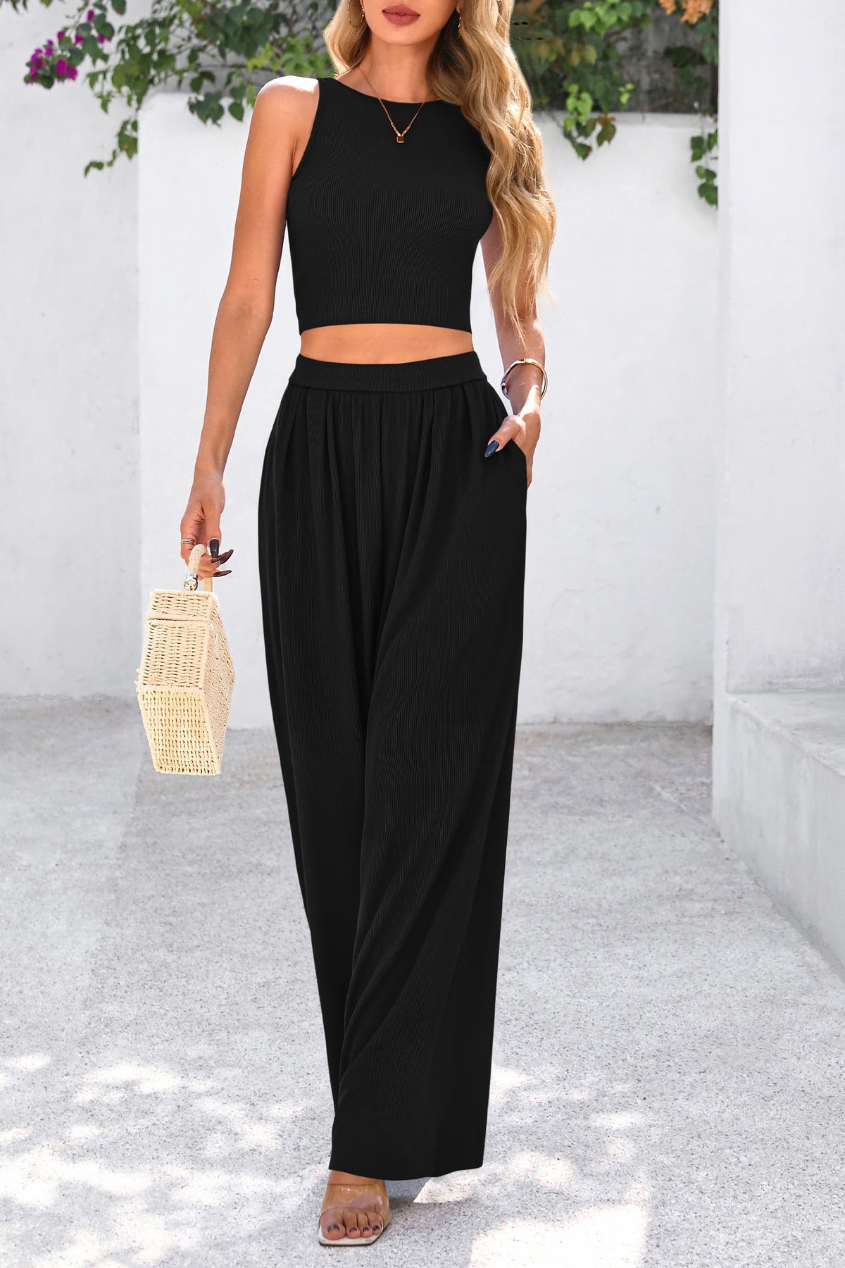 Womens Summer 2 Piece Sets Ribbed Knit Crew Neck Sleeveless Crop Tank Tops Wide Leg Pants Casual Lounge Set