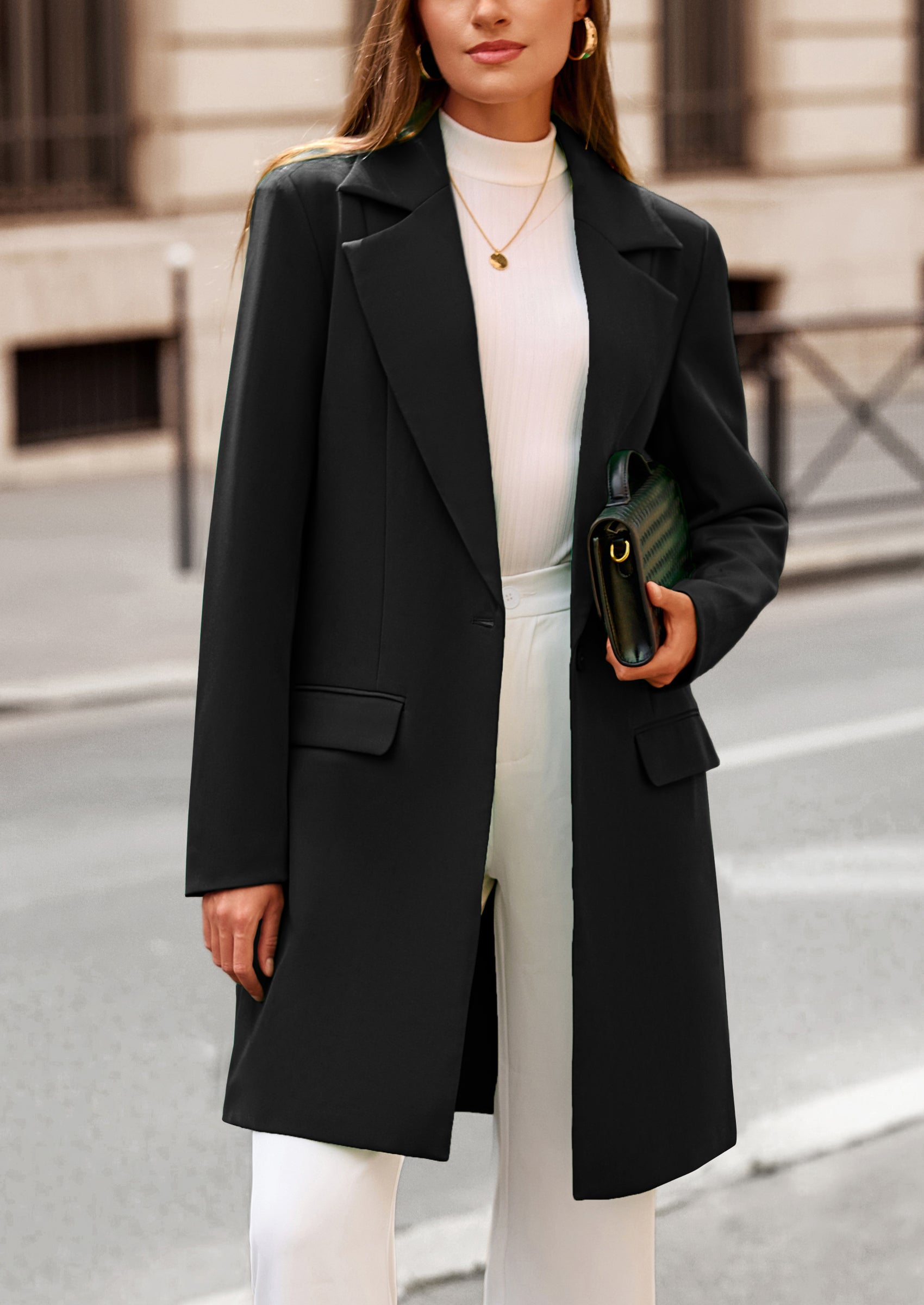 PRETTYGARDEN Women's Spring Fall Long Blazer Jackets Long Sleeve Lapel Pockets Loose Fit Work Casual Blazers Outerwear